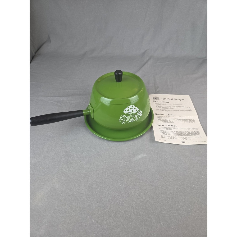 Vintage 70s Fondue Pot Avocado Green white Japan cooking pot retro mushroom